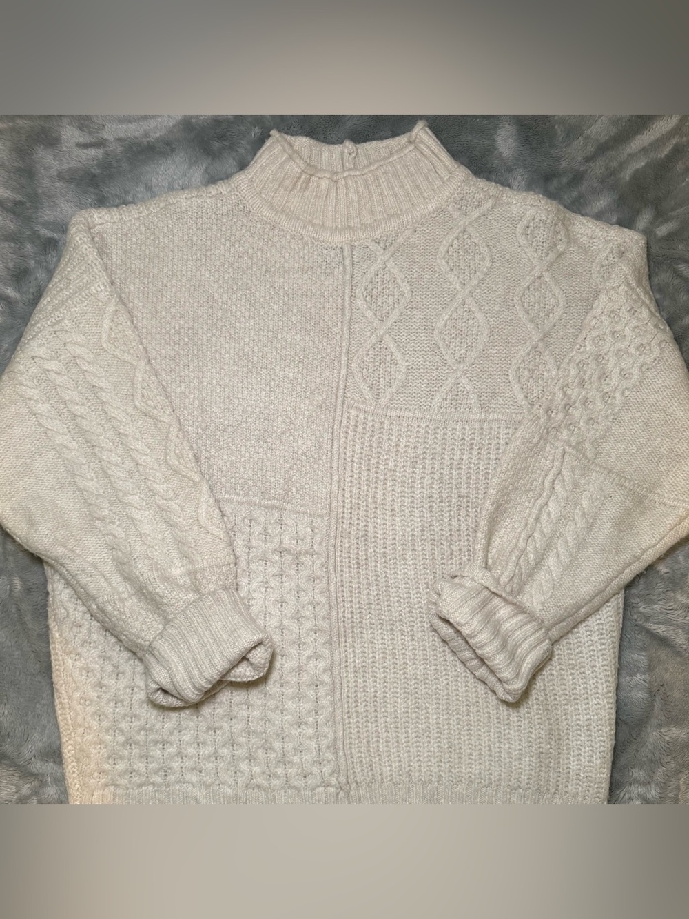 American Eagle Outfitters Cream Patchwork Cable Turtleneck Sweater